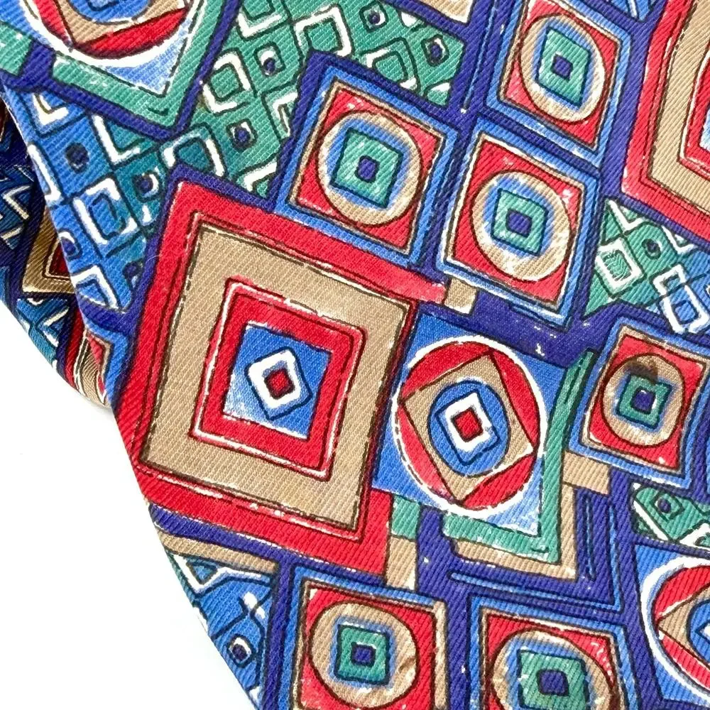 Vintage 90s Geoffrey Beene Blue Green Red 100% Silk Geometric Necktie